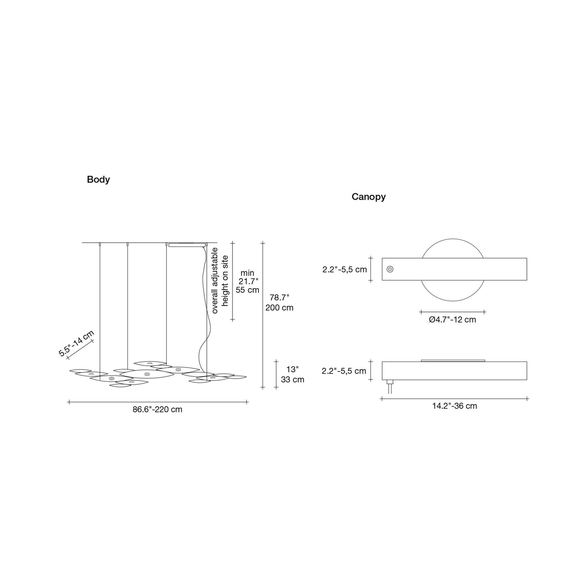 I Lucci Argentati Linear LED Chandelier - line drawing.