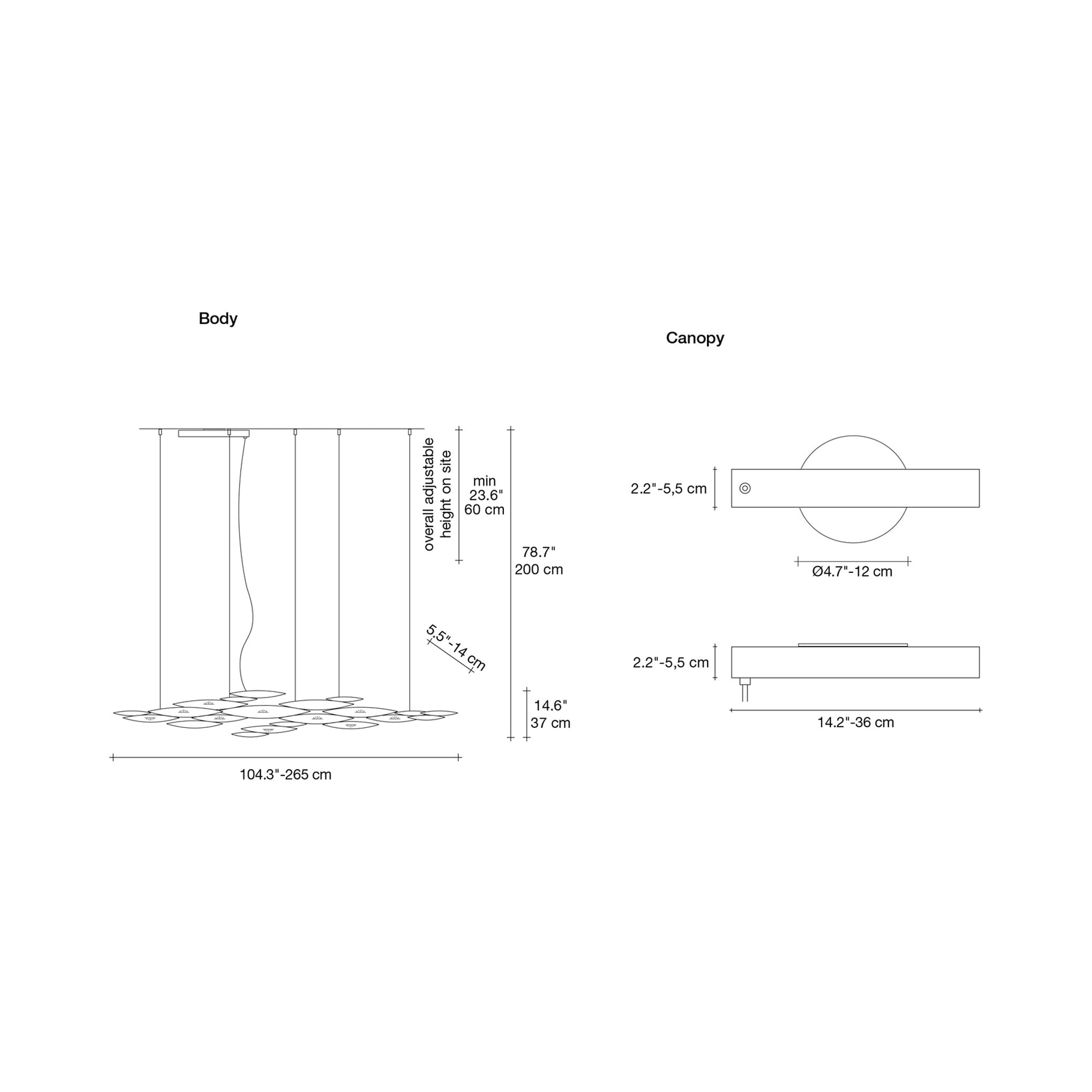 I Lucci Argentati Linear LED Chandelier - line drawing.