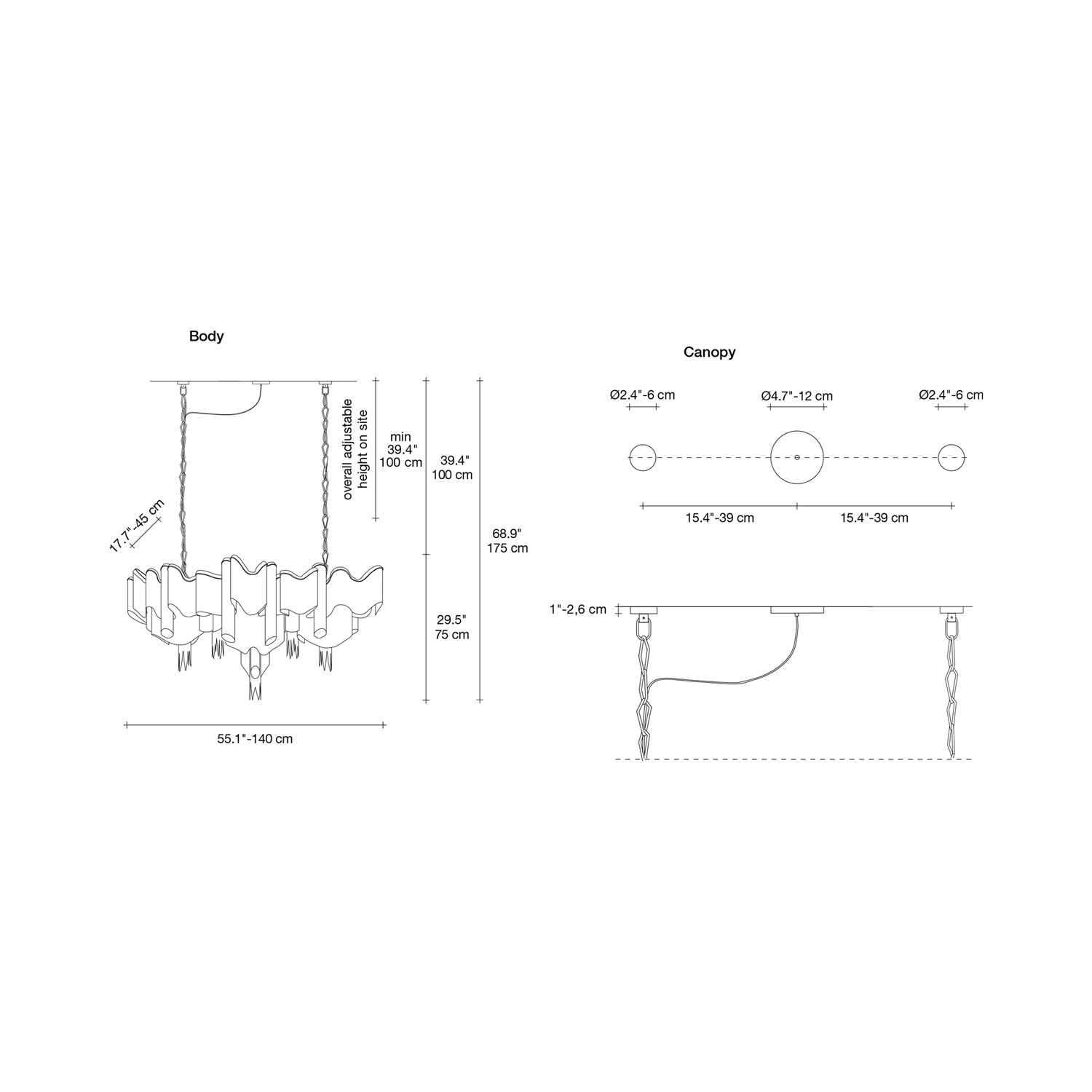 Stream Linear Chandelier - line drawing.
