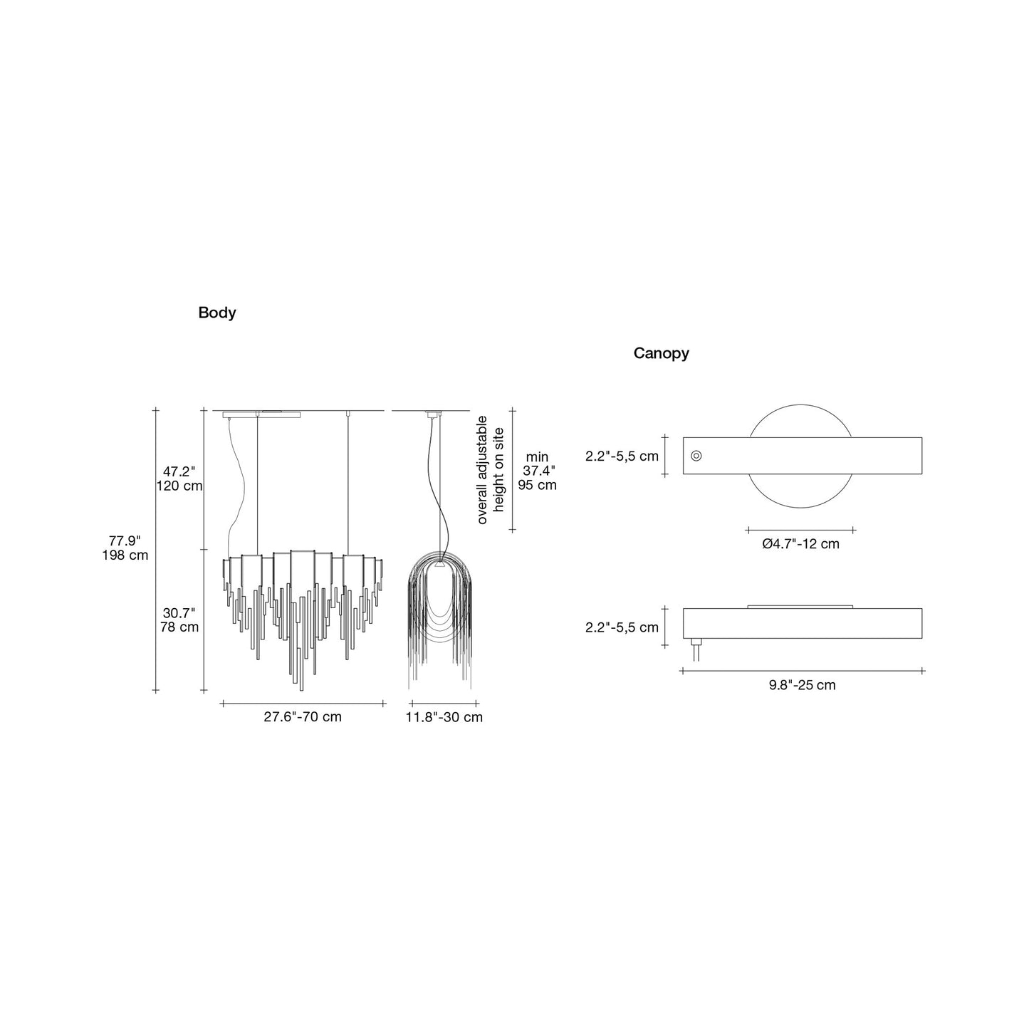 Volver Linear LED Chandelier - line drawing.