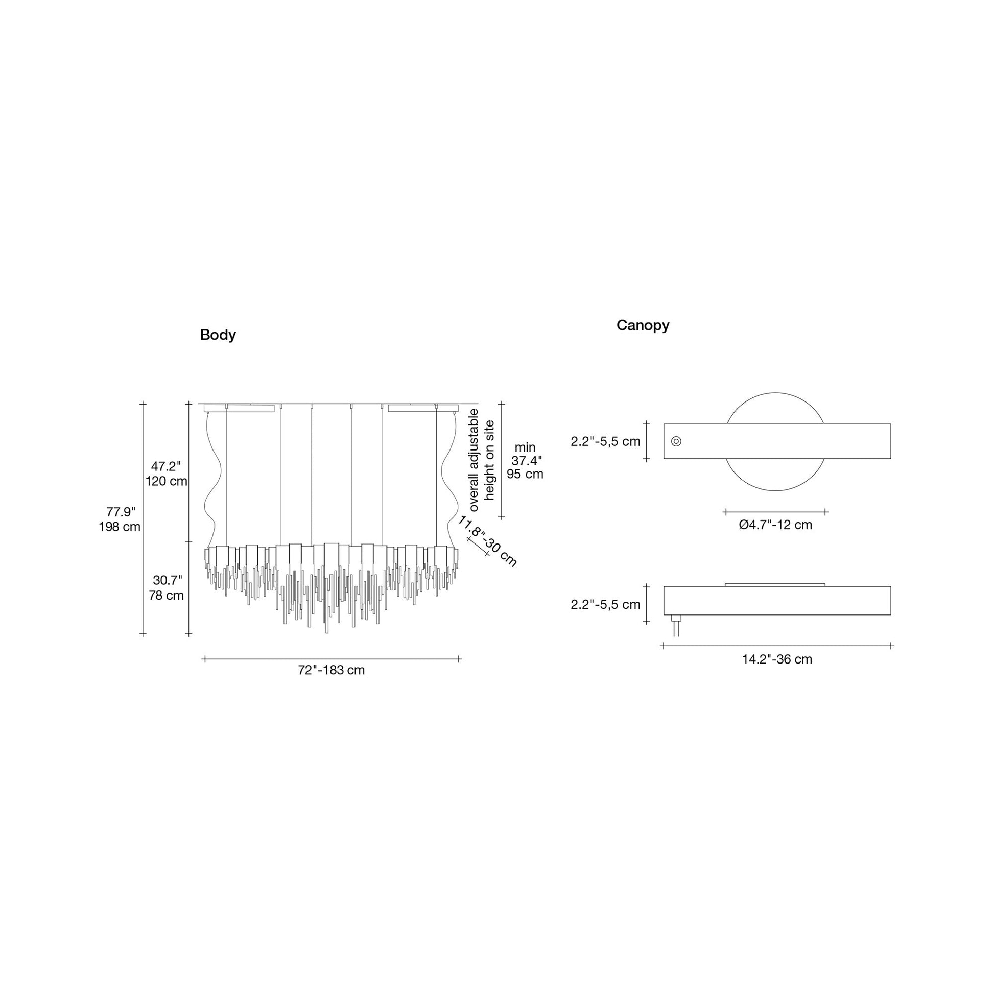 Volver Linear LED Chandelier - line drawing.