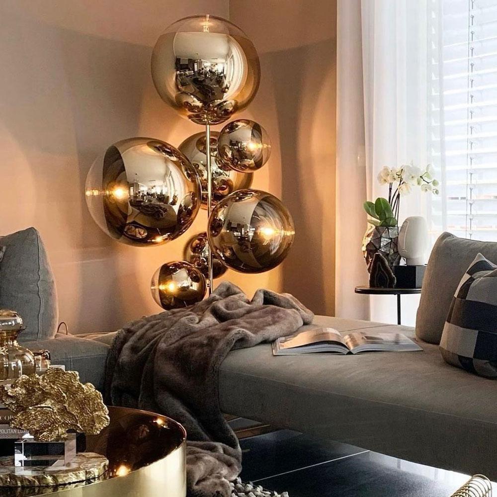 Mirror Ball LED Floor Lamp in living room.