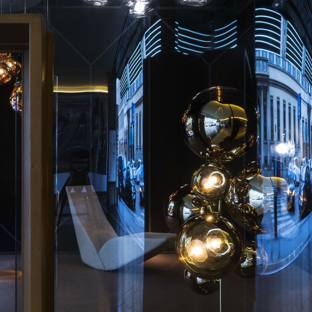 Mirror Ball LED Floor Lamp in living room.