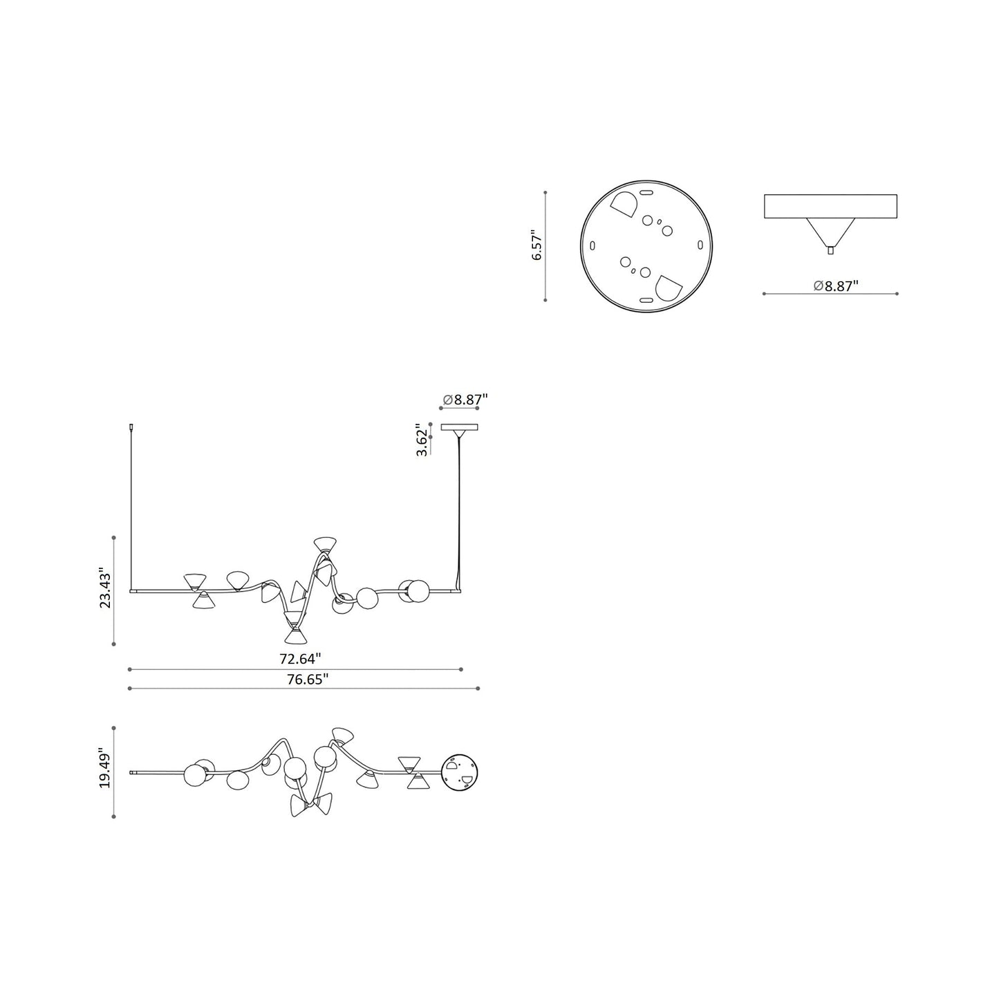 Linfa Linear LED Pendant Light - line drawing.