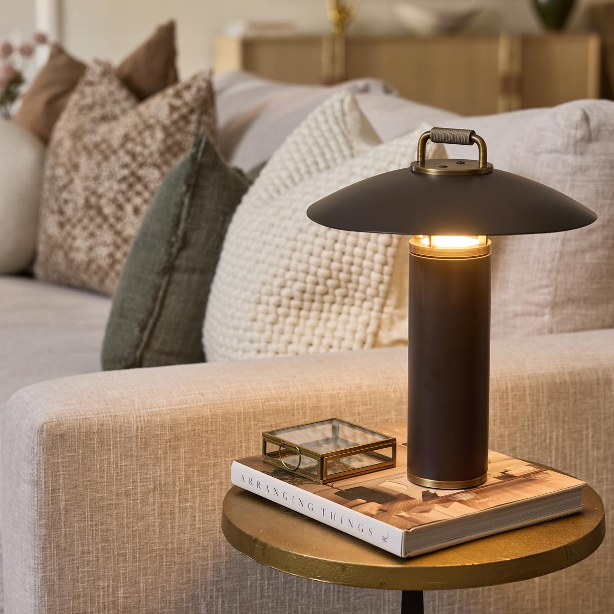 Birk Outdoor LED Table Lamp in living room.