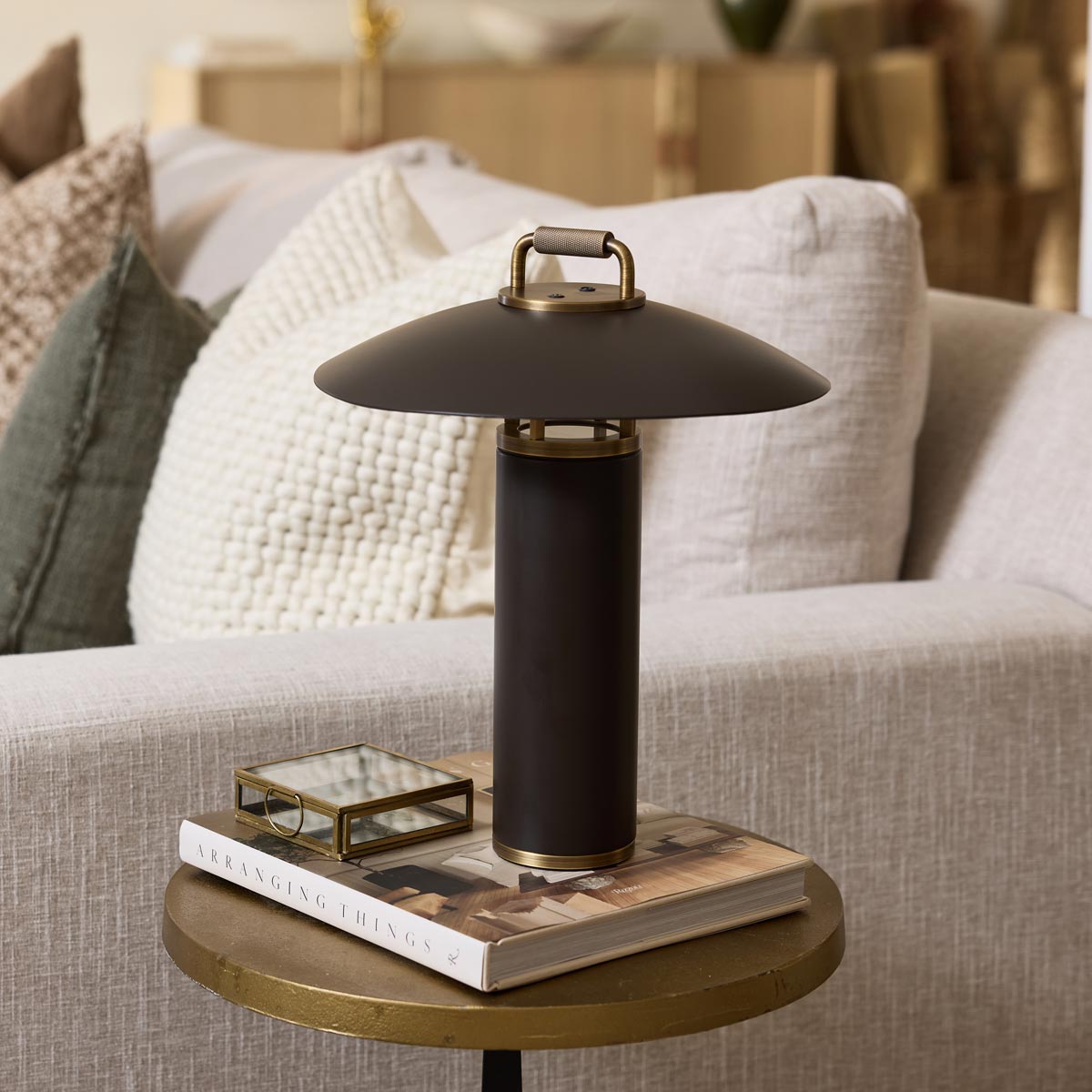 Birk Outdoor LED Table Lamp in living room.