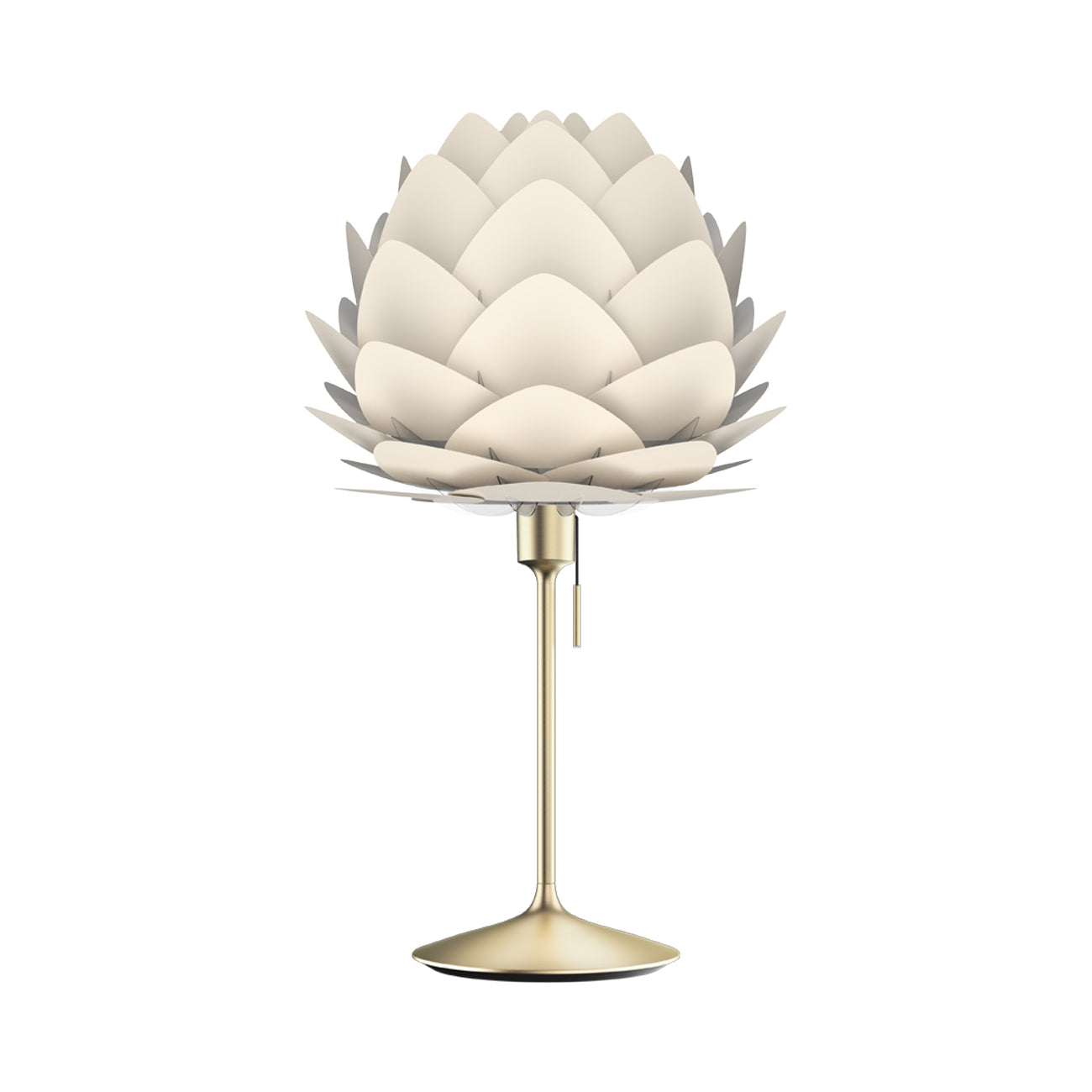 Aluvia Table Lamp in Brushed Brass/Pearl White.