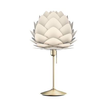 Aluvia Table Lamp in Brushed Brass/Pearl White.