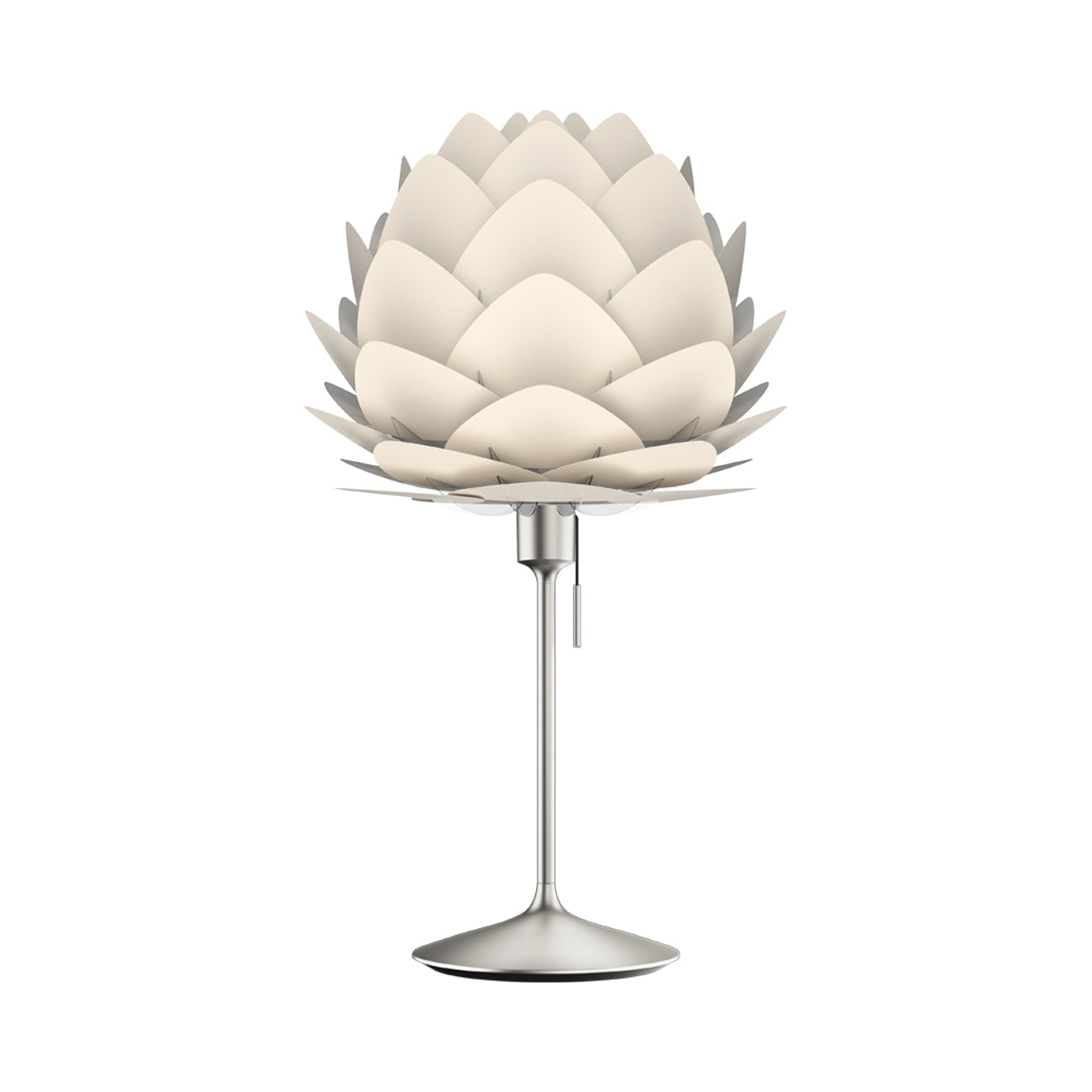 Aluvia Table Lamp in Brushed Steel/Pearl White.