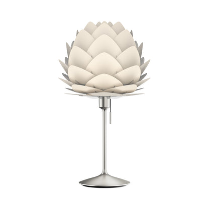 Aluvia Table Lamp in Brushed Steel/Pearl White.