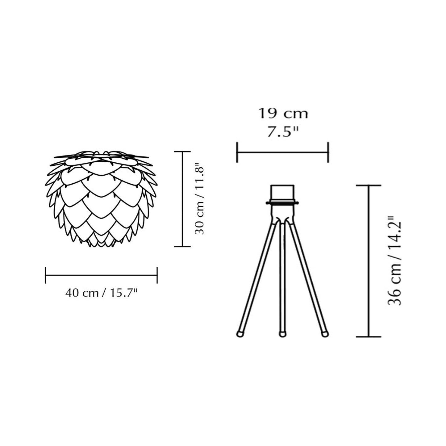 Aluvia Tripod Table Lamp - line drawing.