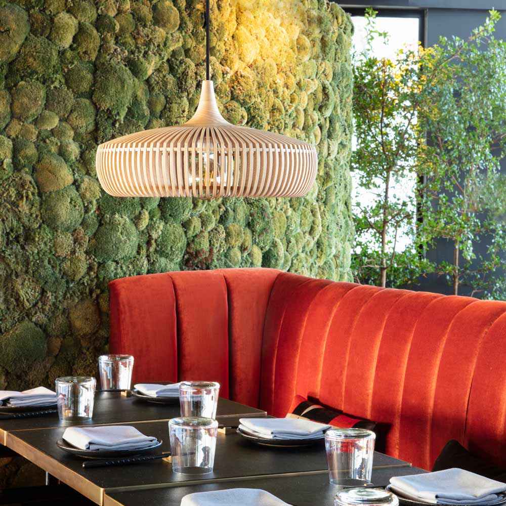 Clava Dine Wood Pendant Light in dining room.