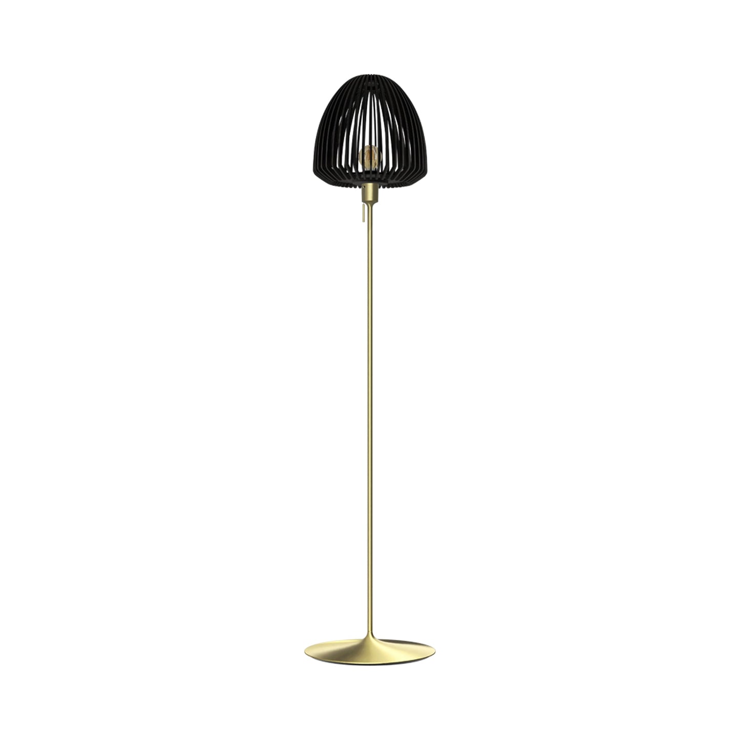 Clava Wood Floor Lamp in Brushed Brass/Black Oak.