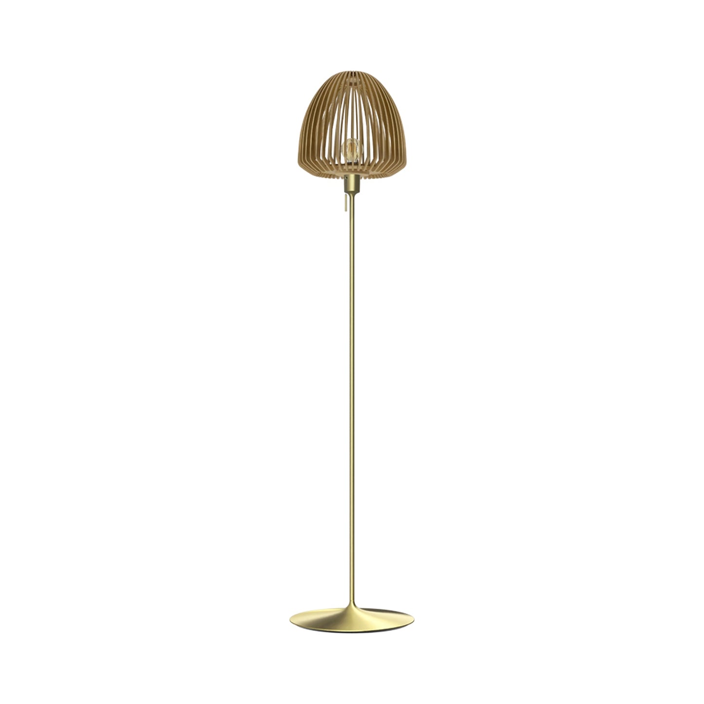 Clava Wood Floor Lamp in Brushed Brass/Oak.