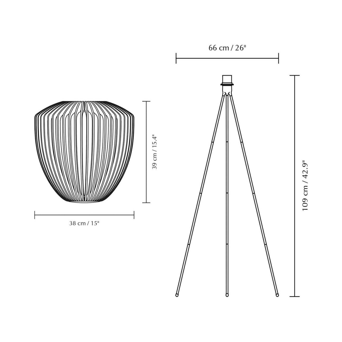 Clava Wood Tripod Floor Lamp - line drawing.