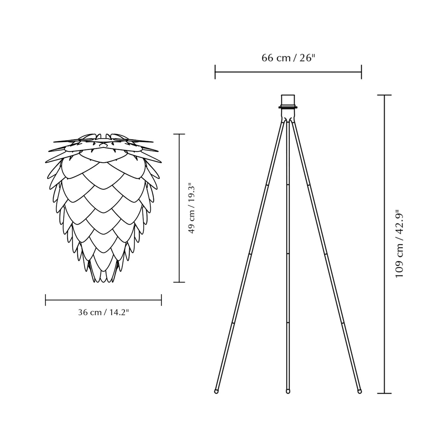 Conia Tripod Floor Lamp - line drawing.