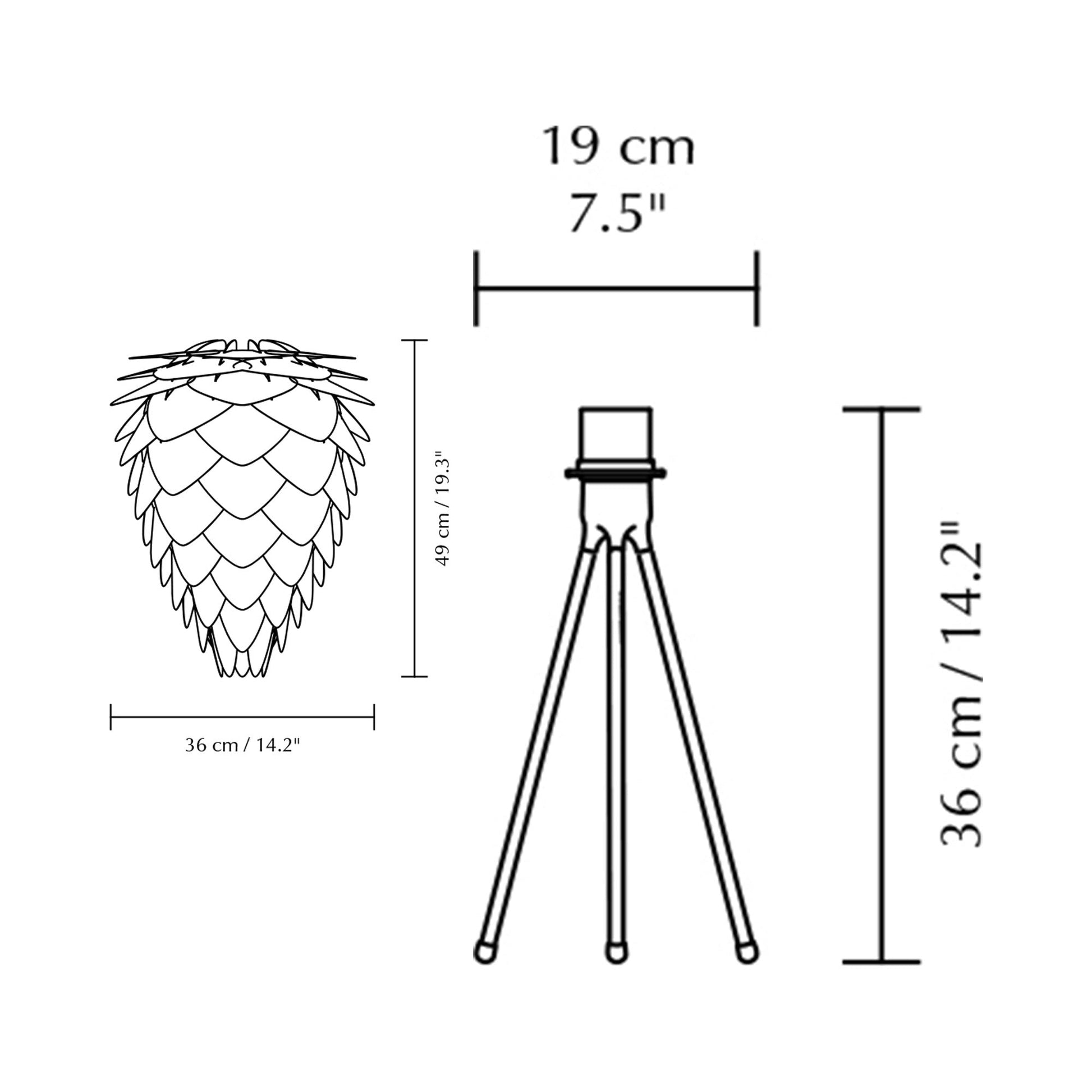 Conia Tripod Table Lamp - line drawing.