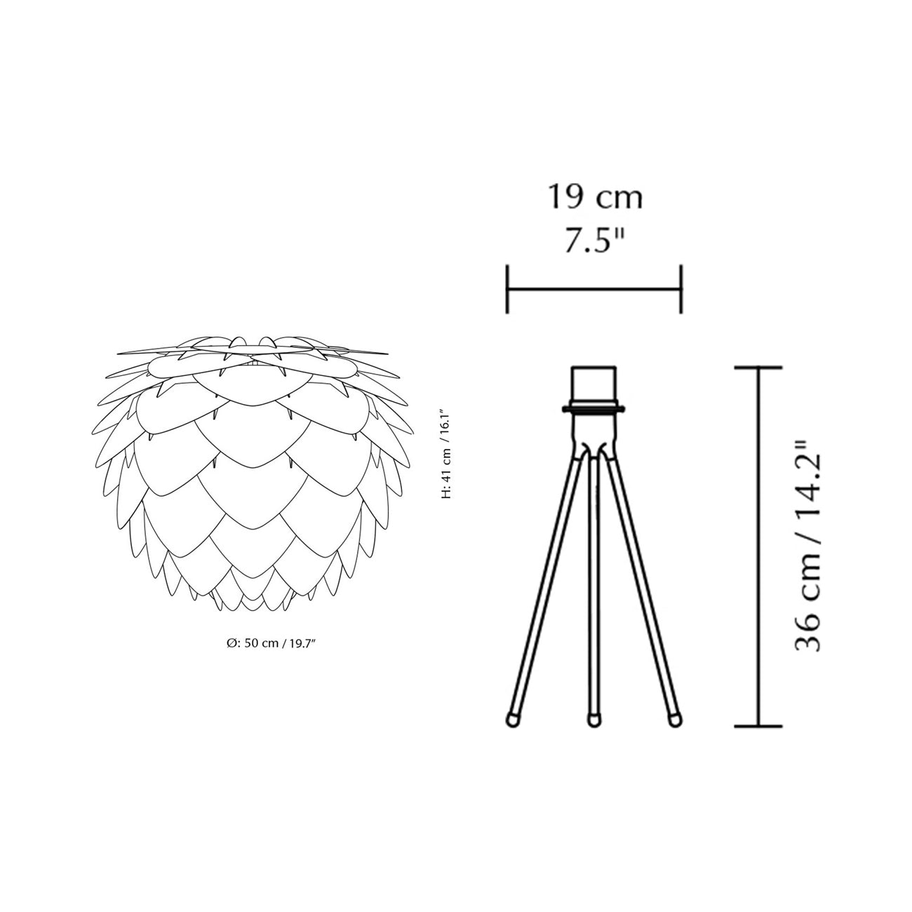 Silvia Tripod Table Lamp - line drawing.