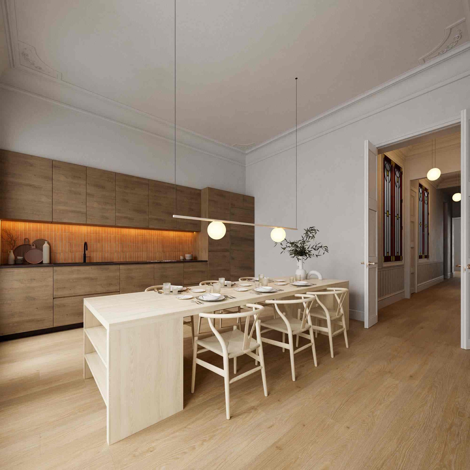 Circus Solo LED Volumetric Linear Pendant Light in kitchen.