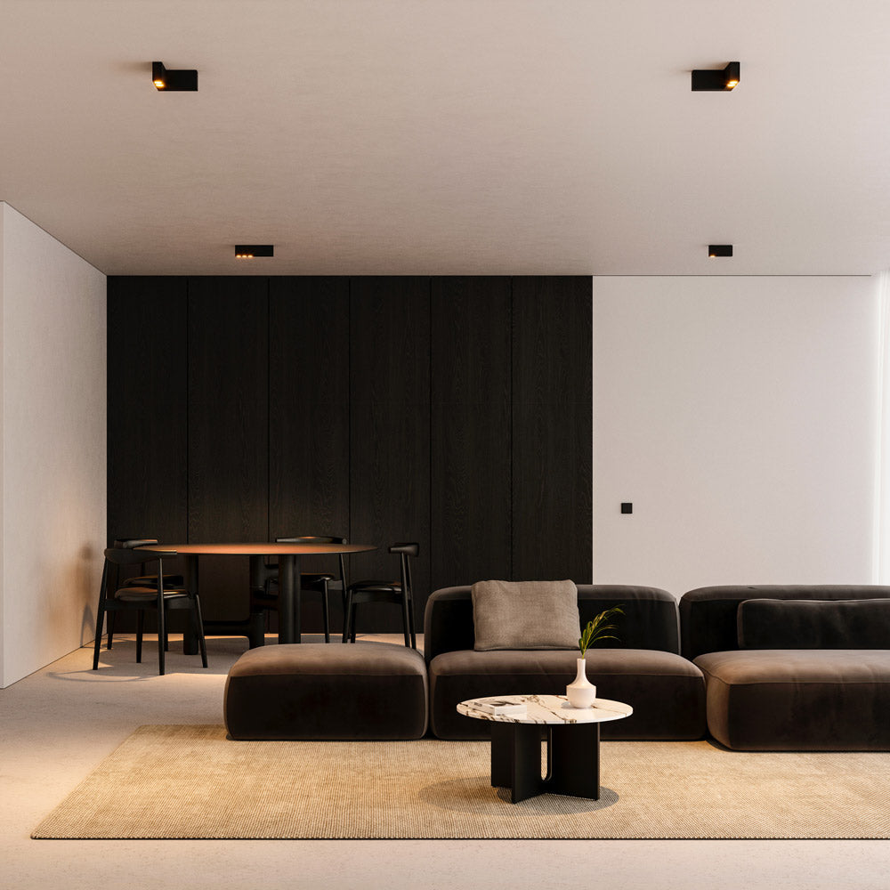 Offset LED Angular Downlight Flush Mount Ceiling Light in living room.