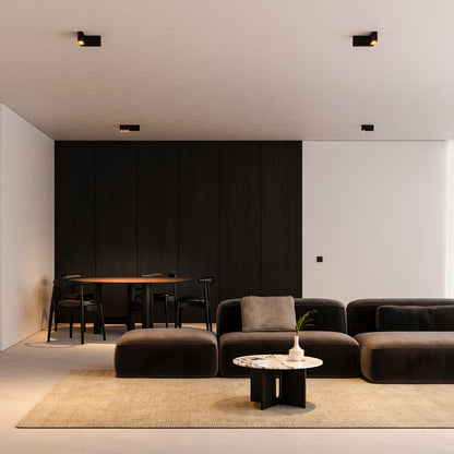 Offset LED Angular Downlight Flush Mount Ceiling Light in living room.