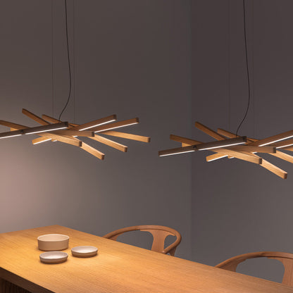 Rhythm Wood Horizontal LED Pendant Light in dining room.