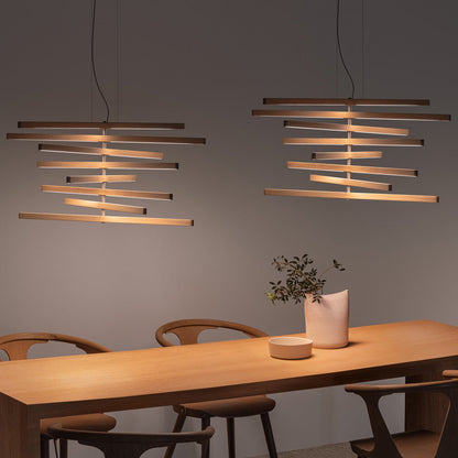 Rhythm Wood Vertical LED Downlight Pendant Light in dining room.