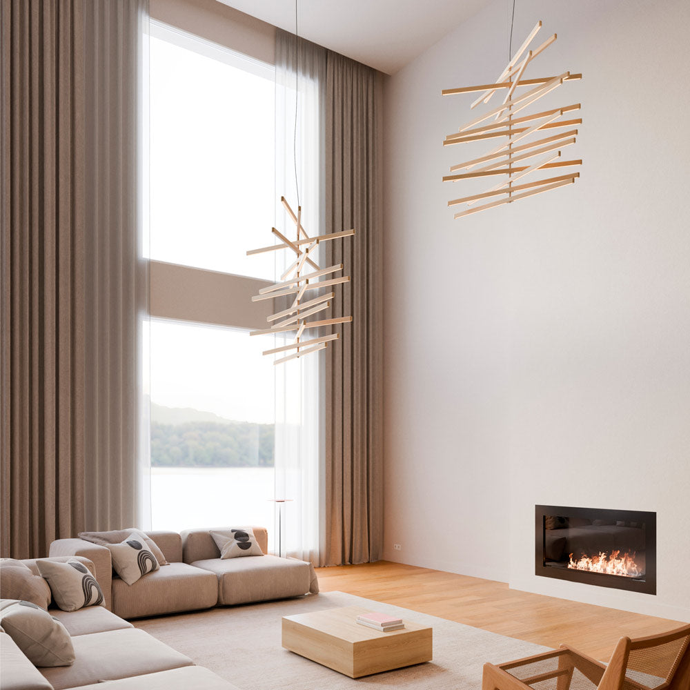 Rhythm Wood Vertical LED Pendant Light in living room.