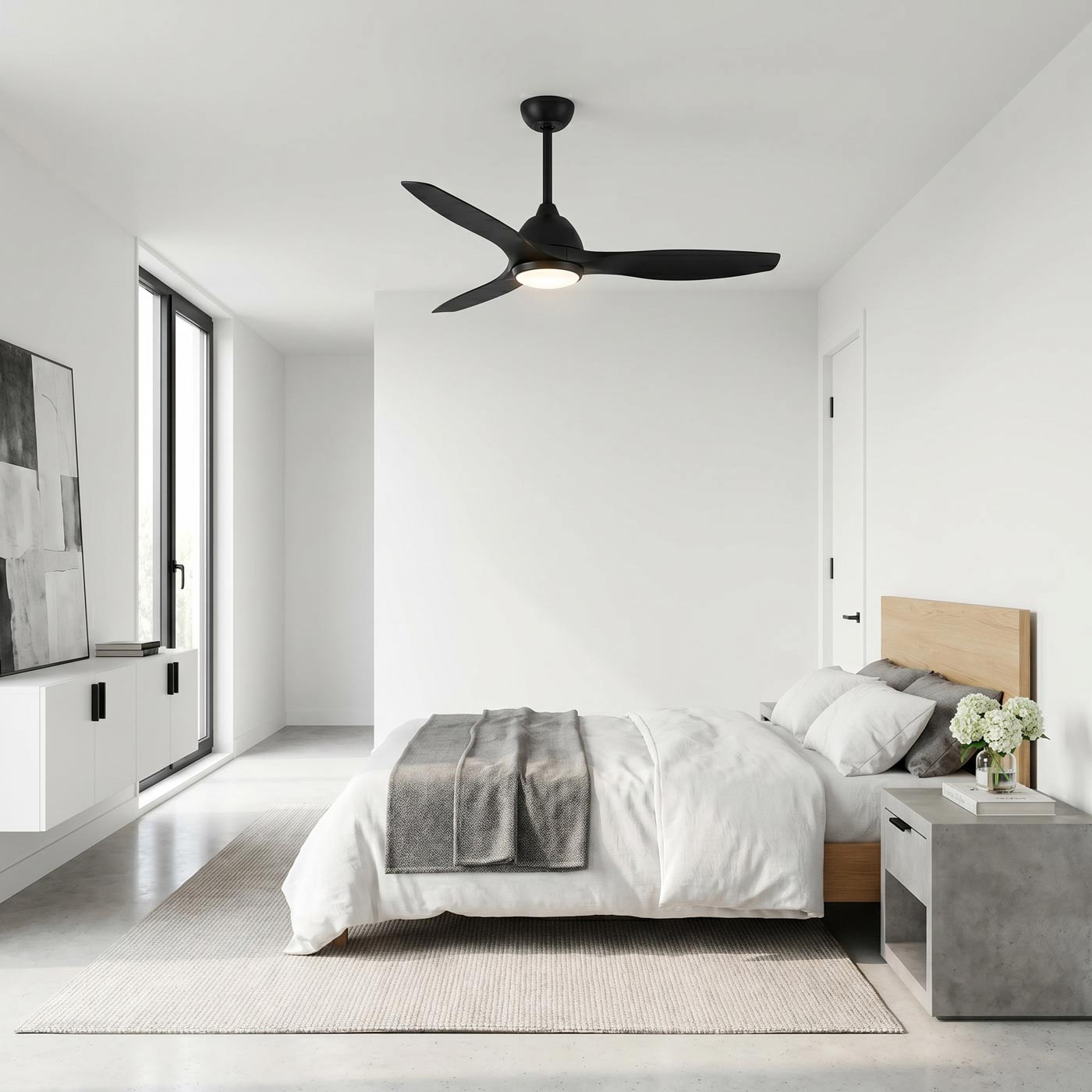 Avila Coastal Outdoor LED Ceiling Fan in bedroom.