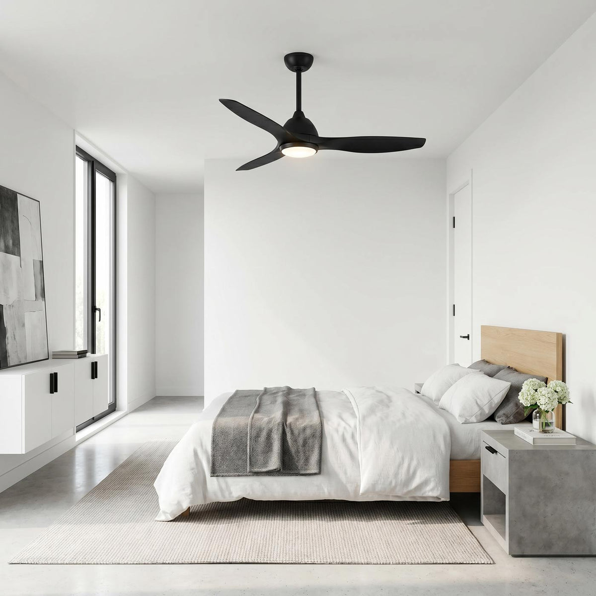 Avila Coastal Outdoor LED Ceiling Fan in bedroom.