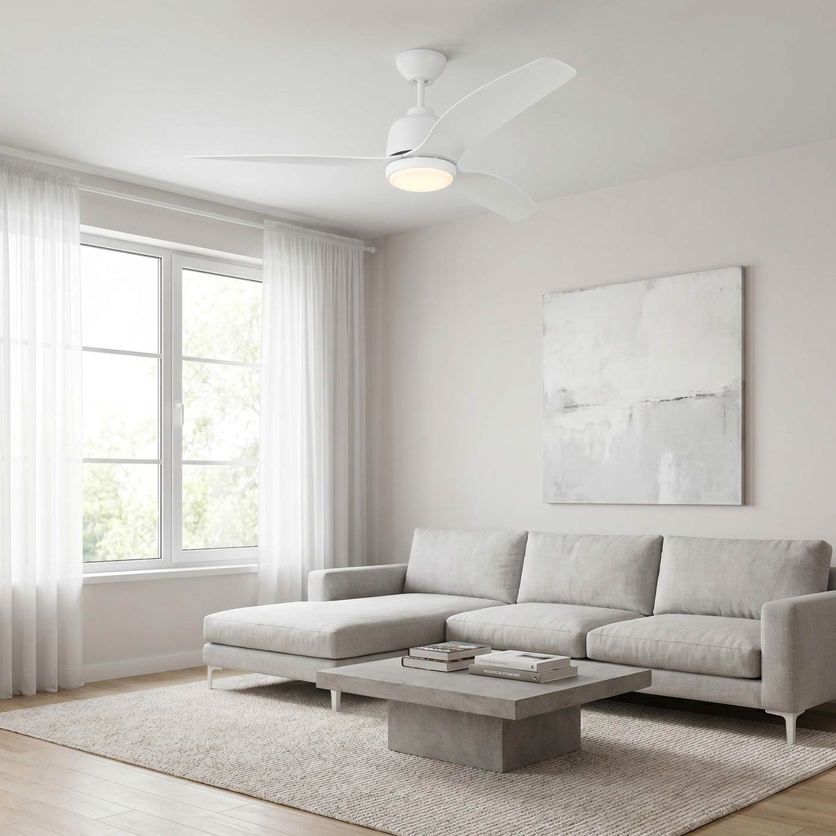 Avila Coastal Outdoor LED Ceiling Fan in living room.