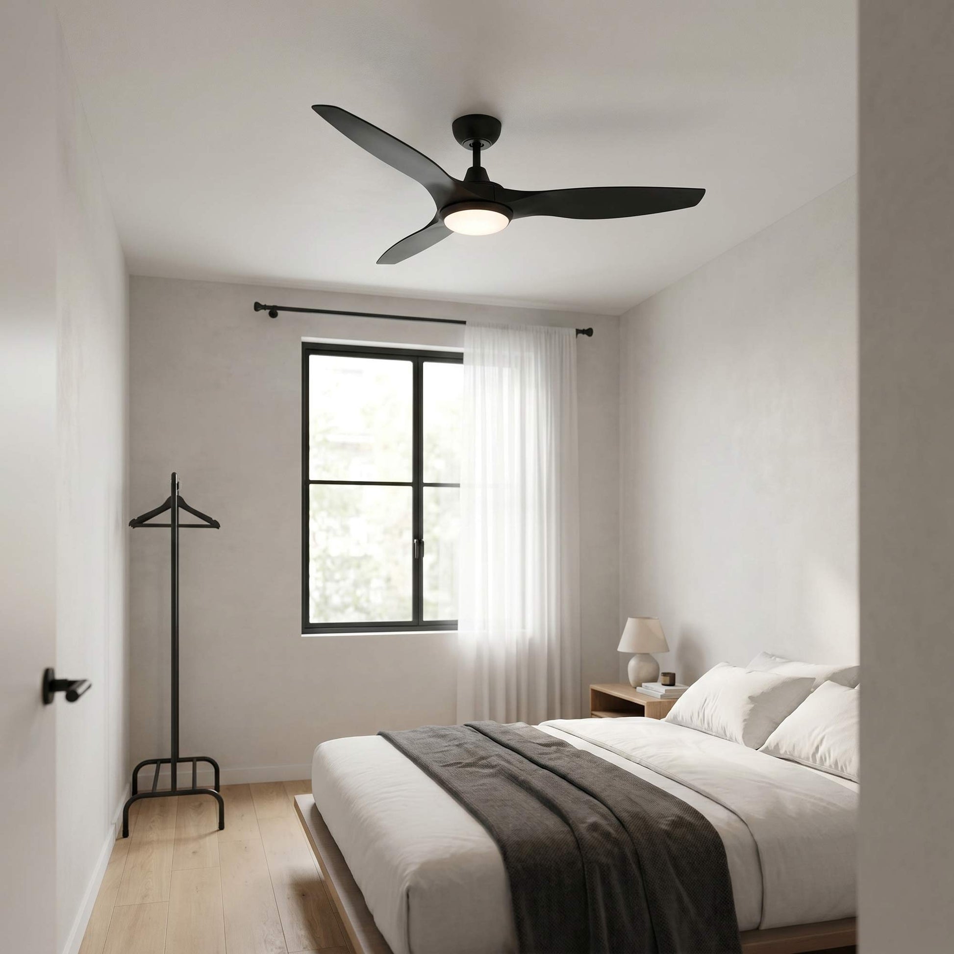 Avila Coastal Outdoor LED Ceiling Fan in bedroom.