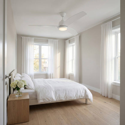 Avila Coastal Outdoor LED Ceiling Fan in bedroom.