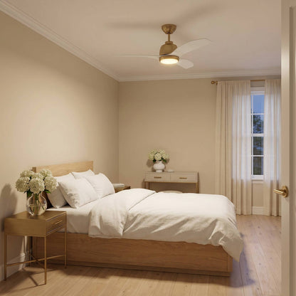 Avila Outdoor LED Ceiling Fan in bedroom.