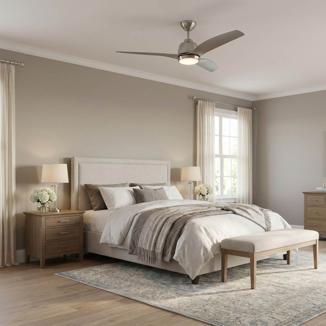 Avila Outdoor LED Ceiling Fan in bedroom.
