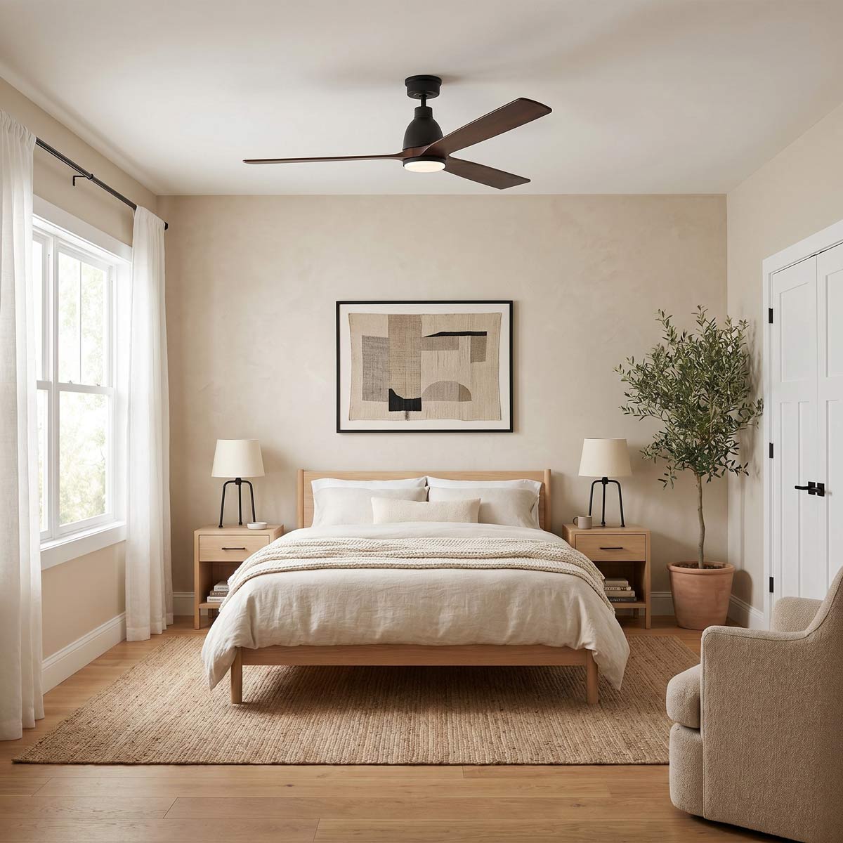 Bryden Smart Indoor / Outdoor LED Ceiling Fan in bedroom.