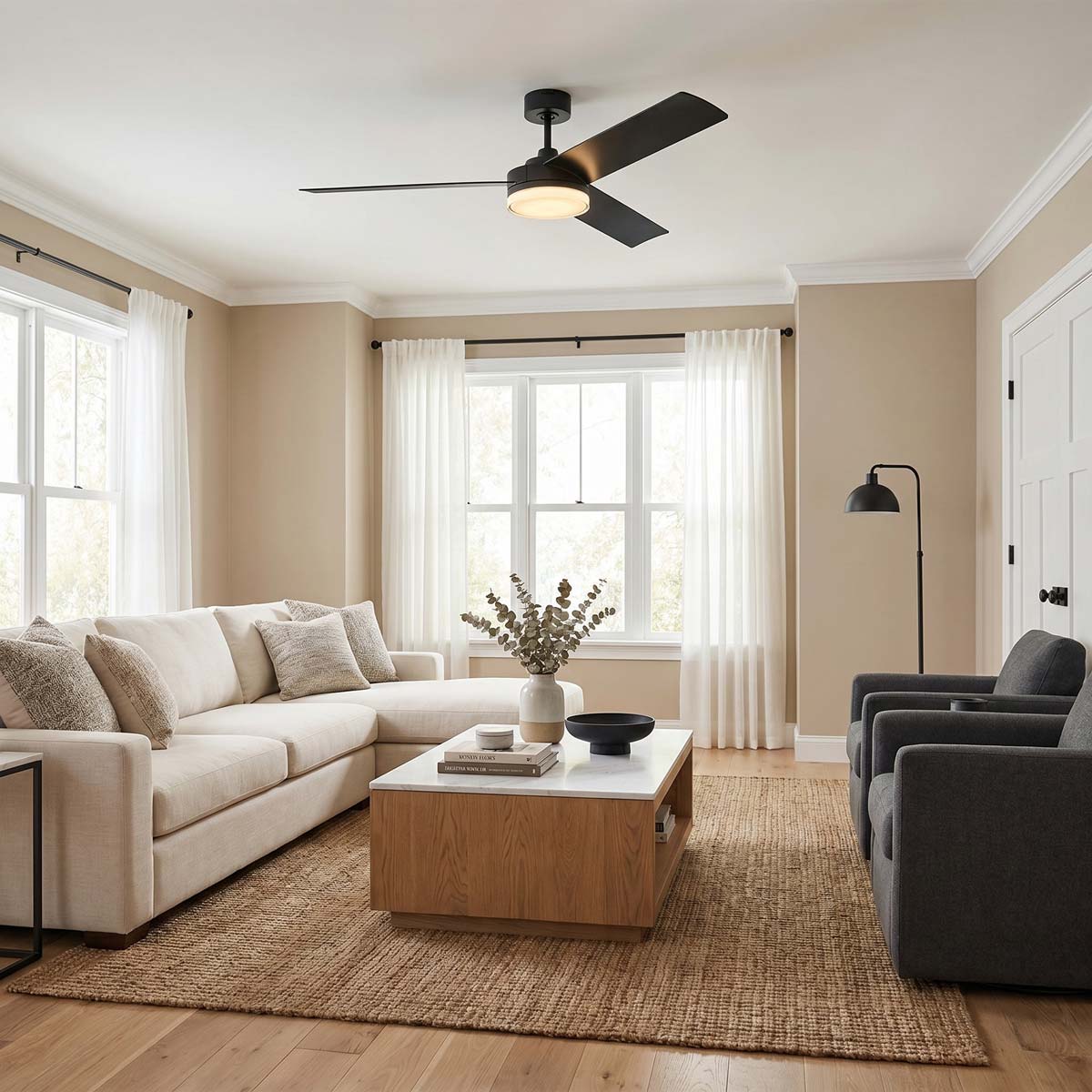 Cirque LED Ceiling Fan in living room.