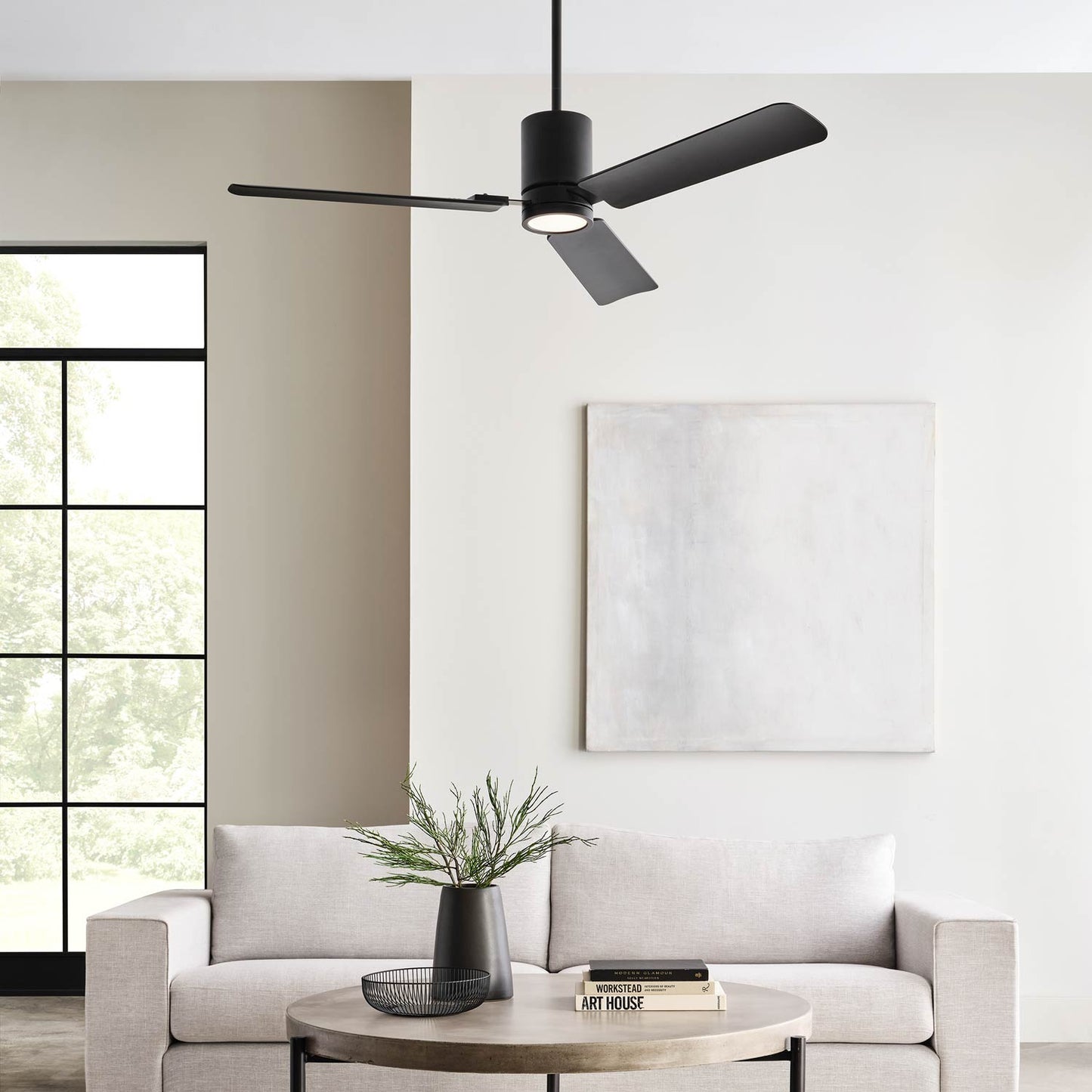 Cleancut Smart Outdoor LED Ceiling Fan in living room.