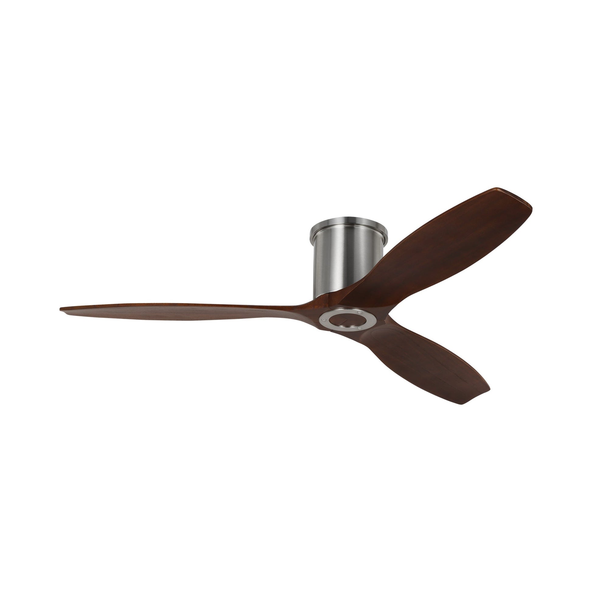 Collins Smart Hugger Outdoor Ceiling Fan in Brushed Steel/Dark Walnut.