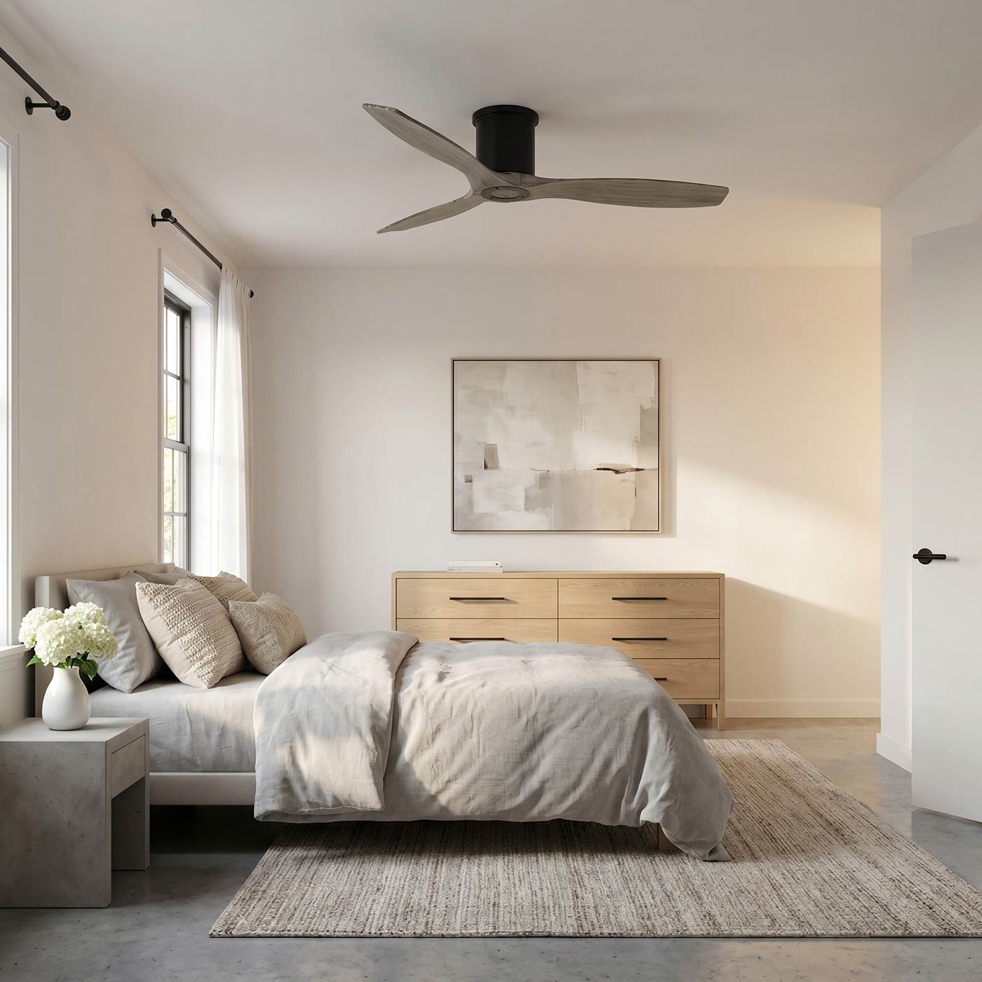 Collins Smart Hugger Outdoor Ceiling Fan in bedroom.