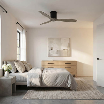 Collins Smart Hugger Outdoor Ceiling Fan in bedroom.