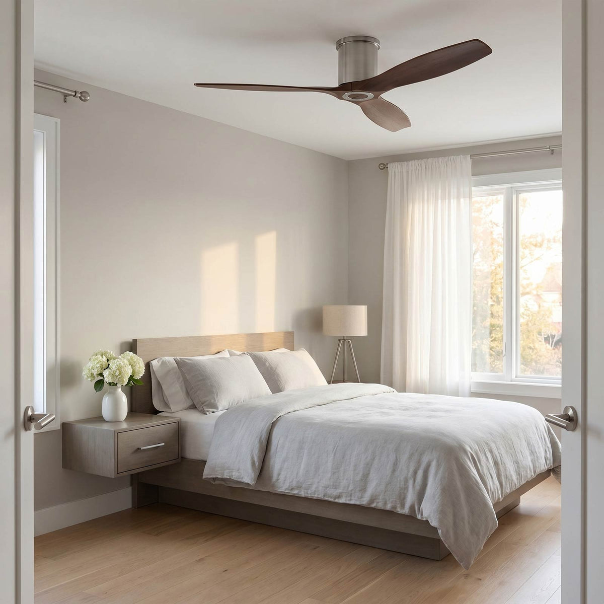 Collins Smart Hugger Outdoor Ceiling Fan in bedroom.
