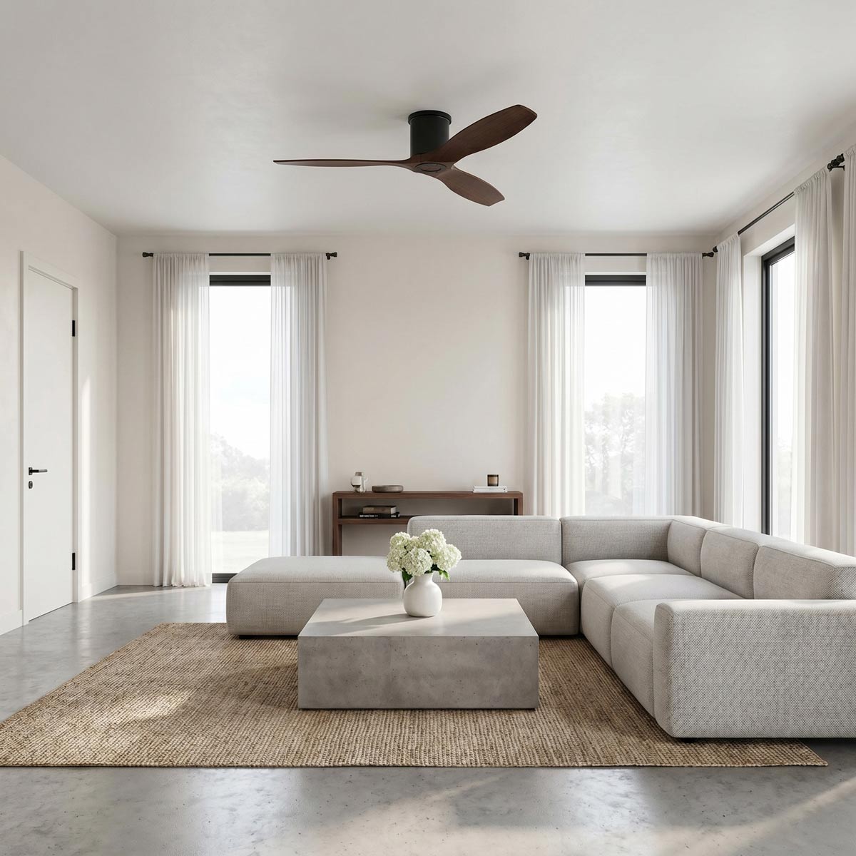 Collins Smart Hugger Outdoor Ceiling Fan in living room.