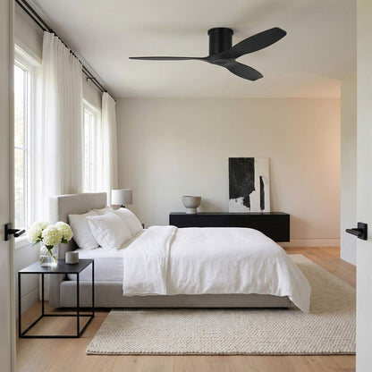 Collins Smart Hugger Outdoor Ceiling Fan in bedroom.