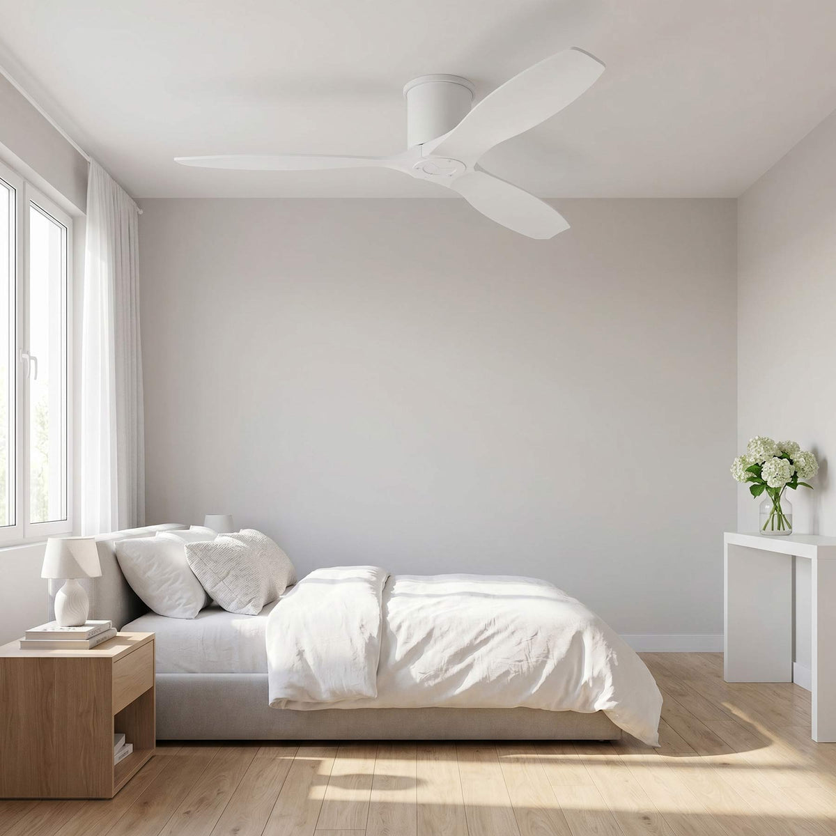Collins Smart Hugger Outdoor Ceiling Fan in bedroom.