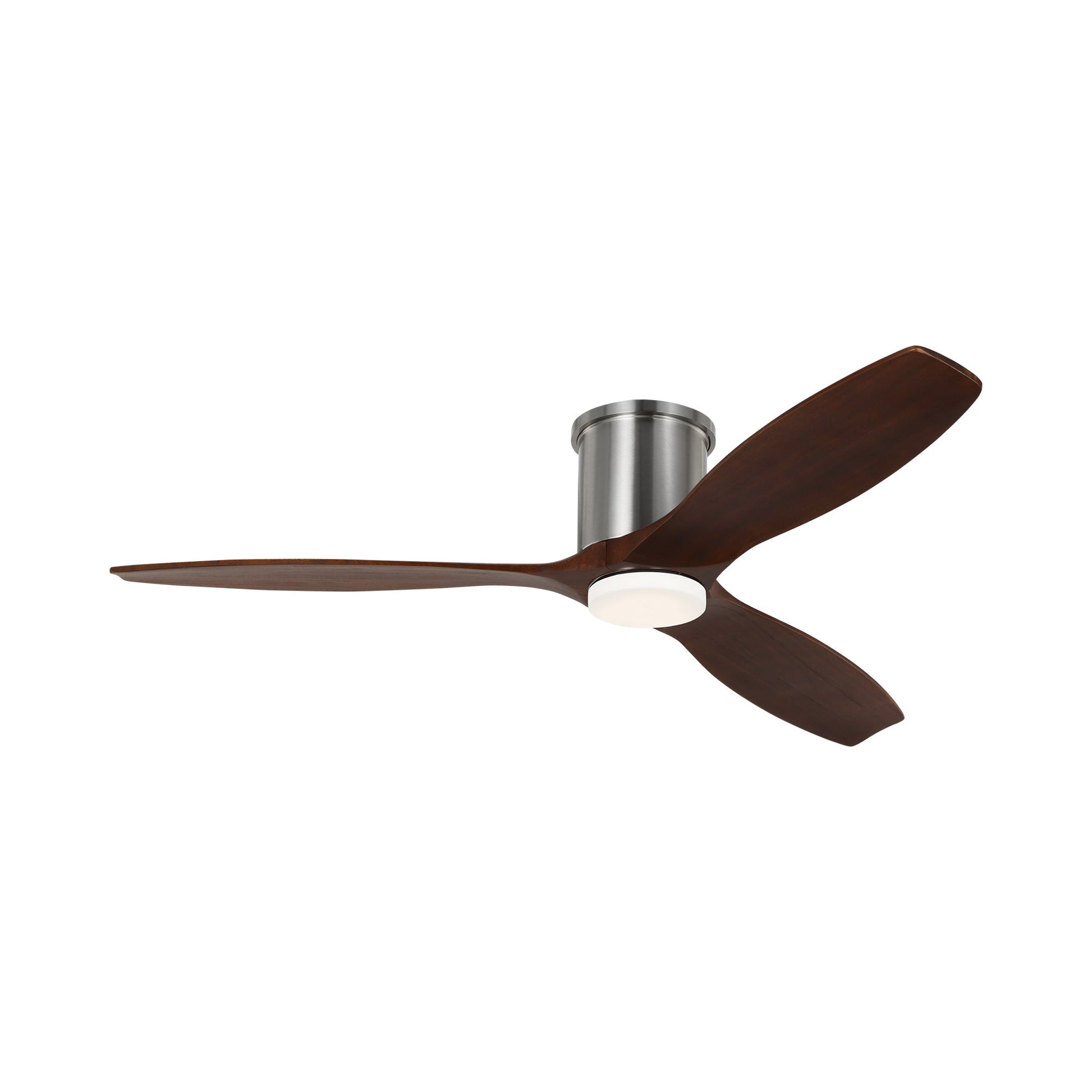 Collins Smart Hugger Outdoor LED Ceiling Fan in Brushed Steel/Dark Walnut.