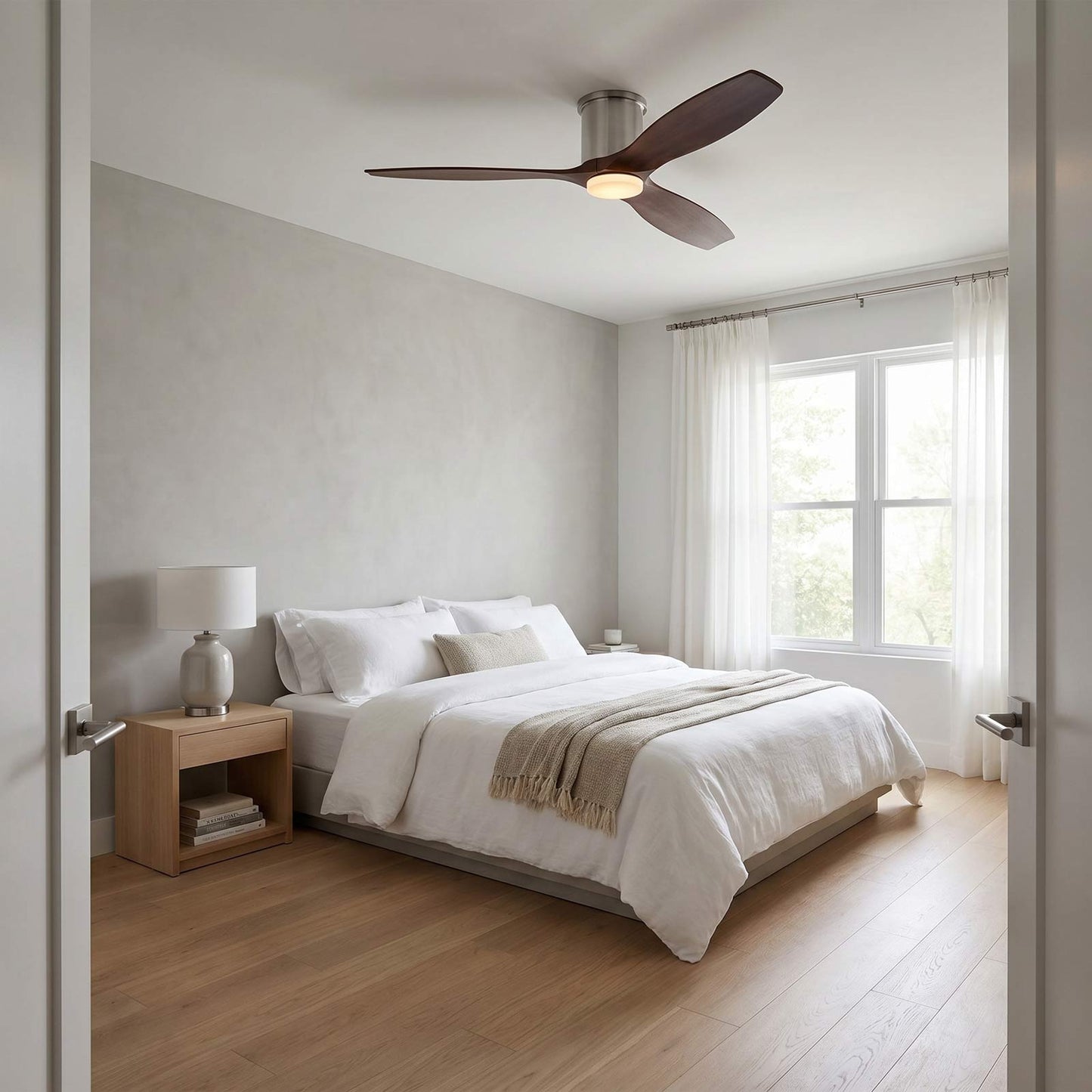 Collins Smart Hugger Outdoor LED Ceiling Fan in bedroom.
