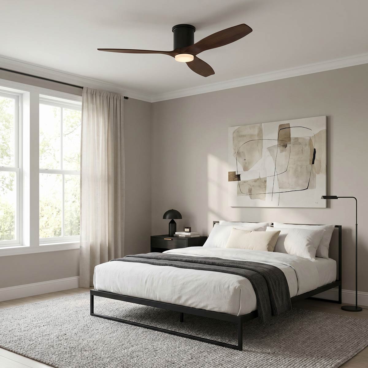 Collins Smart Hugger Outdoor LED Ceiling Fan in bedroom.