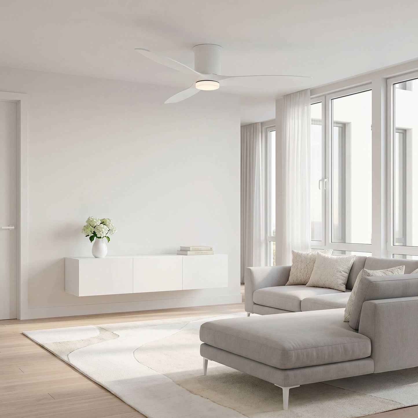 Collins Smart Hugger Outdoor LED Ceiling Fan in living room.