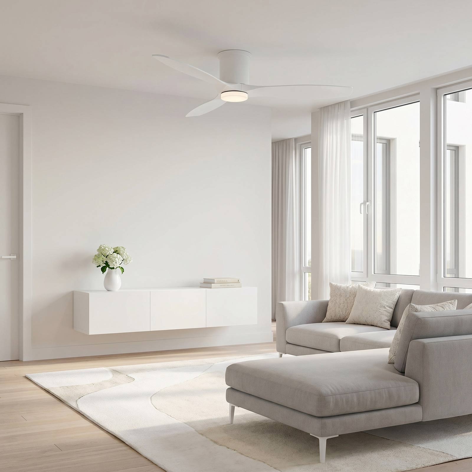 Collins Smart Hugger Outdoor LED Ceiling Fan in living room.